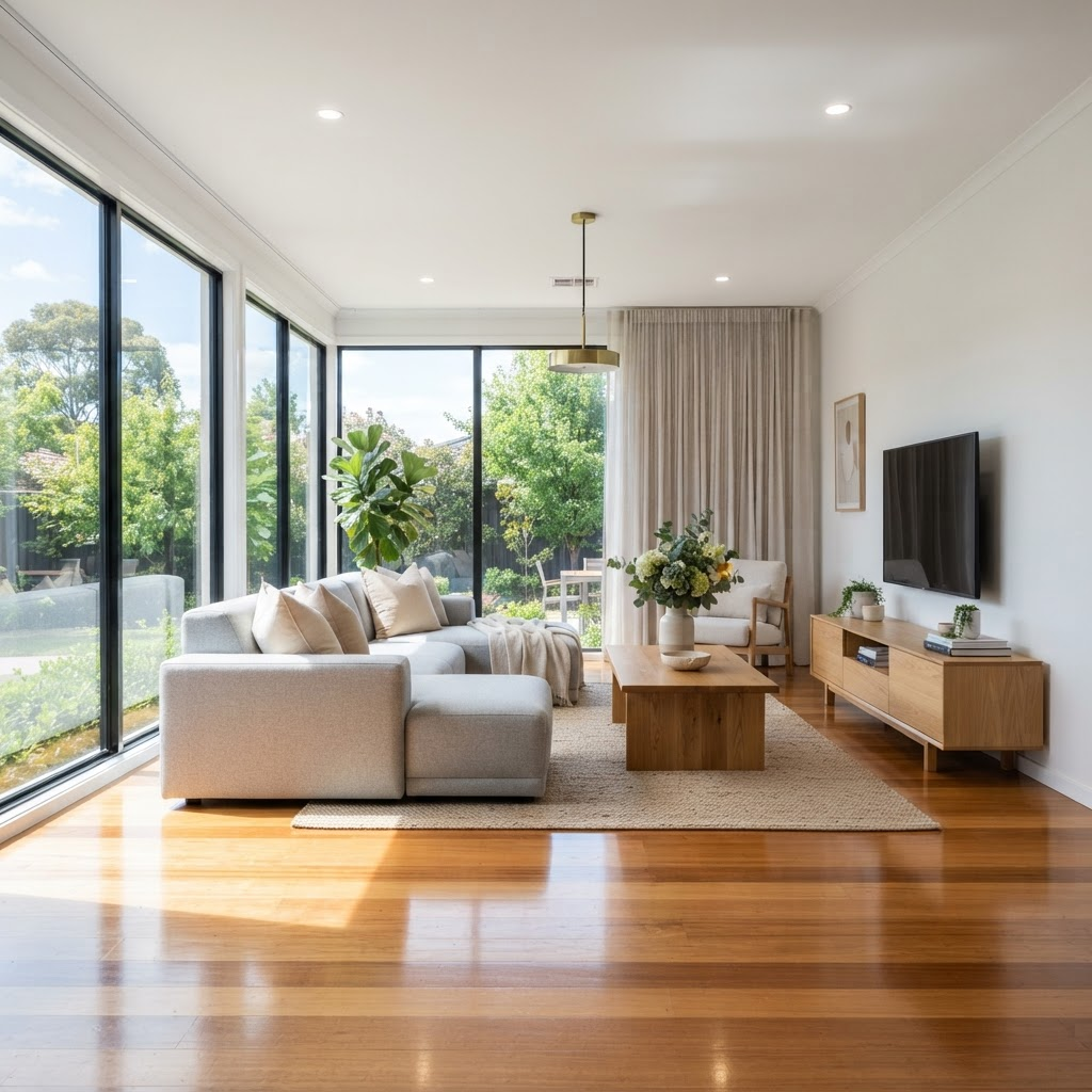 Spotless residential living room after cleaning by Bundy Dust Busters